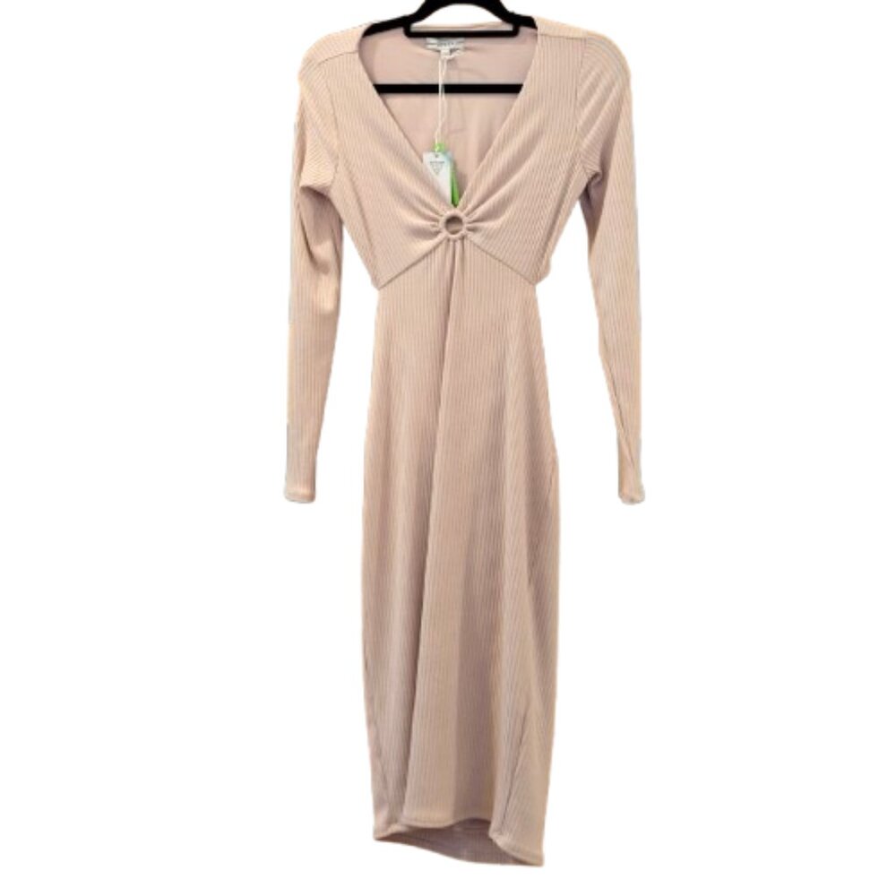 GUESS~Vivaka~PINK CUT OUT BODYCON MIDI LONG SLEEVE KNIT DRESS~NWT~ MEDIUM